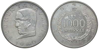 Финляндия 1000 марок 1960 S-J, 100 лет марочной системе Снеллмана (1860-1960) KM 43 серебро    1531-322