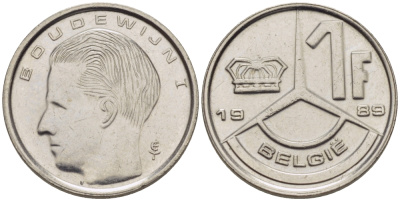 БЕЛЬГИЯ 1 ФРАНК 1989 BELGIE KM 141 железо плакированное никелем 66-442