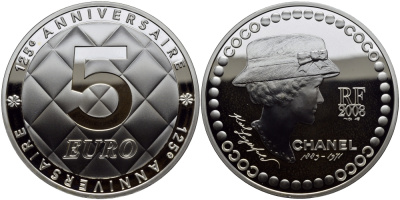 Франция 5 евро 2008 125 лет со дня рождения Коко Шанель KM 1567 серебро PROOF 1068-10-61