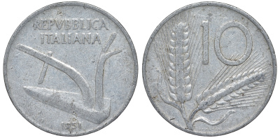 Италия 10 лир 1951 R, колосья KM 93 алюминий 4543-435