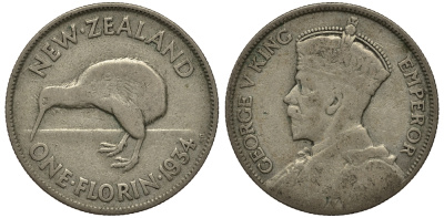 Новая Зеландия 1 флорин 1934 Георг V (1910-1936), птичка киви KM 4 серебро 272-1314