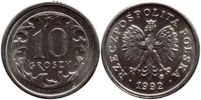ПОЛЬША 10 ГРОШЕЙ 1992 MW KM 279 медно-никель 26-749