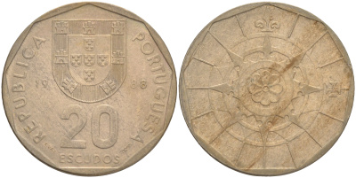 ПОРТУГАЛИЯ 20 ЭСКУДО 1988 INCM KM 634.1 медно-никель 4561-811