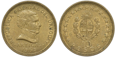 Уругвай 10 песо 1965 KM 48 алюминиевая бронза 4574-724