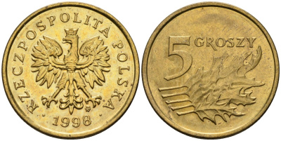 Польша 5 грошей 1998 MW KM 278, Parchimowicz 703e латунь 4580-551