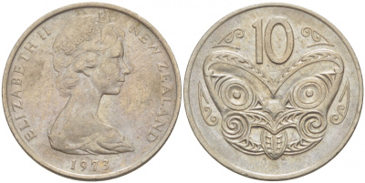 Новая Зеландия 10 центов 1973 Елизавета II (1952-2022), маска маори KM 41.1 медно-никель 212-1135