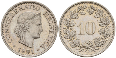 Швейцария 10 раппенов 1991 B KM 27 медно-никель 4189-435