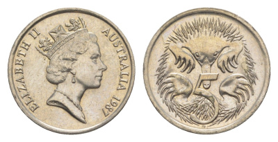 Австралия 5 центов 1987 Елизавета II (1952-2022), ехидна KM 80 медно-никель UNC 4152-1022