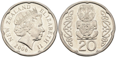 Новая Зеландия 20 центов 2006 Елизавета II (1952-2022), идол Пукаки KM 118а никелированная сталь 4579-1117