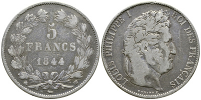 Франция 5 франков 1844 BB, Луи Филипп I (1830-1848) KM 749.3 серебро 1066-7-66