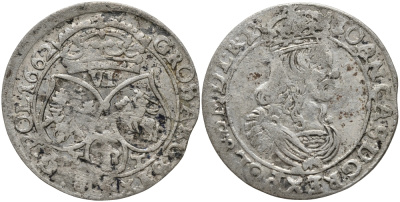 ПОЛЬША 6 ГРОШЕЙ 1662 ТТ, ЙОГАНН КАЗИМИР (1649-1668) KM 91 (33) серебро 441-1041