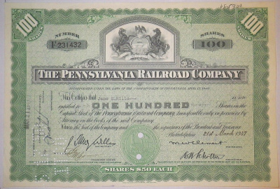 США, The Pennsylvania Railroad Company 100 акций 1947 бумага 00-00