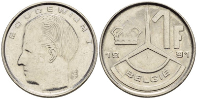 БЕЛЬГИЯ 1 ФРАНК 1991 BELGIE KM 171 сталь плакированная никелем 4528-1048