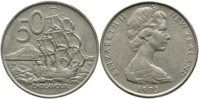 Новая Зеландия 50 центов 1973 Елизавета II (1952-2022), парусник Индевор KM 37.1 медно-никель 111-426