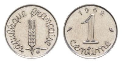 Франция 1 сантим 1962 пятая республика KM 928, Le Franc 106.4 нержавеющая сталь UNC 4630-312