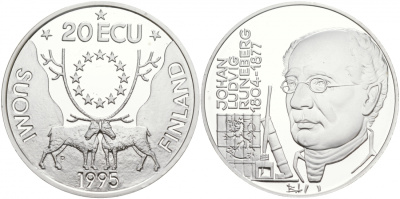 Финляндия 20 экю 1995 Йохан Людвиг Рунеберг серебро PROOF 02-038-12