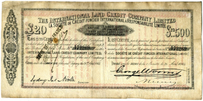 АНГЛИЯ СЕРТИФИКАТ АКЦИЙ НА 20 ФУНТОВ 1864 № 172269 НА ПРЕДЪЯВИТЕЛЯ бумага 5553-1