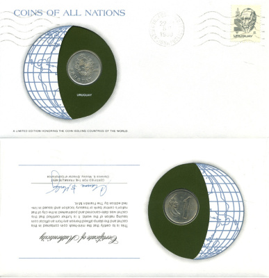 Уругвай 1 песо 1980 конверт с маркой первого дня гашения, Coins of Nations KM 74 медно-никель UNC 4294-67-3