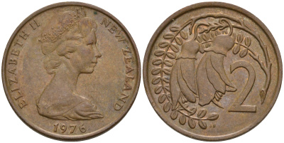 Новая Зеландия 2 цента 1976 Елизавета II (1952-2022), два цветка кохаи KM 32.1 бронза 4602-644