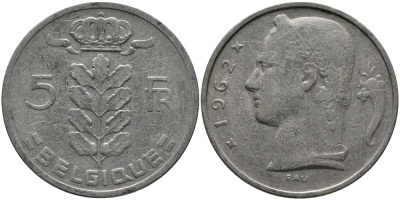 БЕЛЬГИЯ 5 ФРАНКОВ 1962 BELGIQUE KM 134.1 медно-никель 98-631