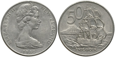 Новая Зеландия 50 центов 1980 Елизавета II (1952-2022), парусник Индевор KM 37 медно-никель 4578-112