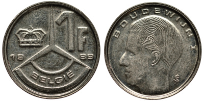 БЕЛЬГИЯ 1 ФРАНК 1989 БОДУЭН KM 170 железо плакированное никелем XF- 4181-325