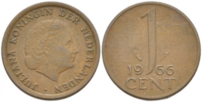 НИДЕРЛАНДЫ 1 ЦЕНТ 1966 ЮЛИАНА KM 180 бронза 3955-435