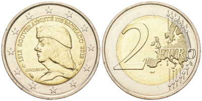 Монако 2 евро 2012 500 лет суверенитета Монако, Люсьен I KM 199 биметалл  UNC  3-4-11-16
