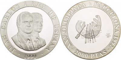 Испания 2000 песет 1990 XXV летние Олимпийские игры 1992 года в Барселоне, древняя лодка KM 865 серебро PROOF 1088-8-62