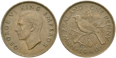 Новая Зеландия 1 пенни 1946 Георг VI (1936-1952), новозеландский туи KM 13 бронза 32-726