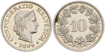 Швейцария 10 раппенов 2009 B KM 29a медно-никель 4136-352