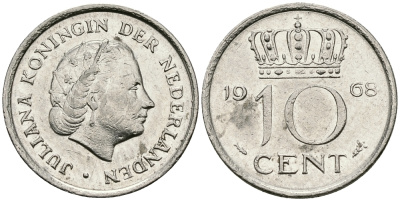 НИДЕРЛАНДЫ 10 ЦЕНТОВ 1968 ЮЛИАНА KM 182 никель 96-431