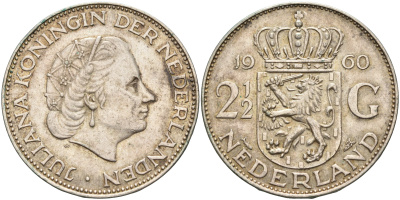 Нидерланды 2 1/2 гульдена 1960 Юлиана (1948-1980) KM 185 серебро 4578-125