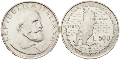 Италия 500 лир 1982 R, 100 лет со дня смерти Джузеппе Гарибальди KM 112 серебро BU 4607-145