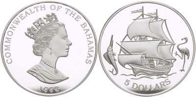 Багамские острова 5 долларов 1993 парусник, фламинго, марлин KM 170 серебро PROOF 1074-3-23