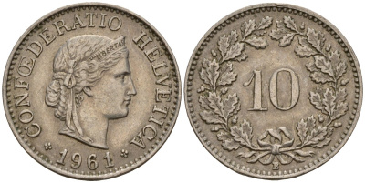 Швейцария 10 раппенов 1961 B KM 27 медно-никель 4189-357