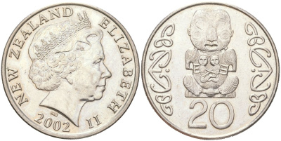 Новая Зеландия 20 центов 2002 Елизавета II (1952-2022), идол Пукаки KM 118 медно-никель UNC 4132-1046