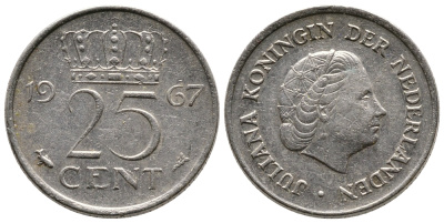 НИДЕРЛАНДЫ 25 ЦЕНТОВ 1967 ЮЛИАНА KM 183 никель 75-1154