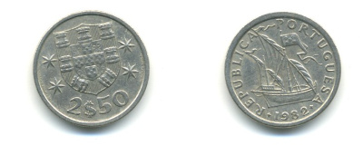 ПОРТУГАЛИЯ 2,5 ЭСКУДО 1982 ПАРУСНИК KM 590 медно-никель 176-211