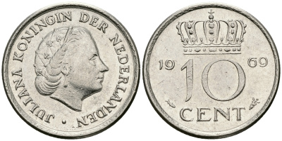 Нидерланды 10 центов 1969 Юлиана (1948-1980) KM 182 никель 96-412