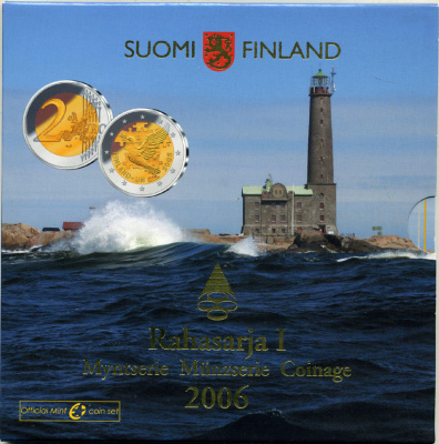Финляндия евронабор из 8 монет + 2 евро юбилейная 2006 маяки Скандинавии, 60 лет ООН, голубь мира, официальный набор в оригинальном буклете UNC 5-6-2-34