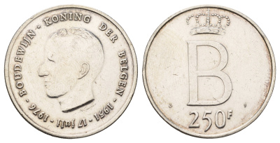 Бельгия 250 франков 1976 25 лет правления Бодуэна I, der Belgen KM 158 серебро 1519-1424