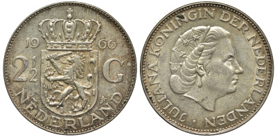 Нидерланды 2 1/2 гульдена 1966 Юлиана (1948-1980) KM 185 серебро 443-413