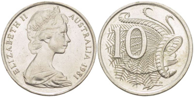 Австралия 10 центов 1981 Елизавета II (1952-), птица лирахвост KM 65 медно-никель 4519-424