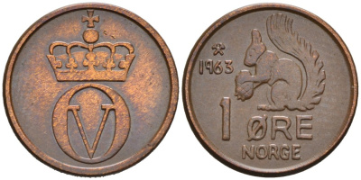 Норвегия 1 эре 1963 БЕЛКА, Улаф V KM 403 бронза 4564-818