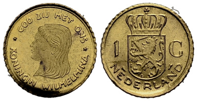 Нидерланды 1 гульден ND игровой жетон, Вильгельмина (1890-1948), молодой портрет золото PROOF 413-3823