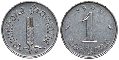 Франция 1 сантим 1965 пятая республика KM 928, Le Franc 106.10 нержавеющая сталь 4124-363