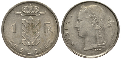 БЕЛЬГИЯ 1 ФРАНК 1980 BELGIE KM 143.1 медно-никель 4182-231