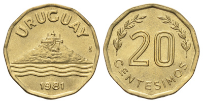 Уругвай 20 сентесимо 1981 KM 67 алюминиевая бронза UNC 4666-1257