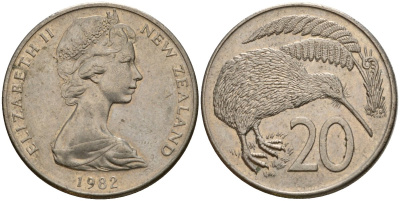 Новая Зеландия 20 центов 1982 Елизавета II (1952-2022), птичка киви KM 36.1 медно-никель 4599-346